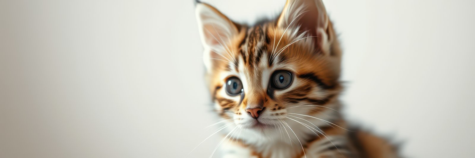 Cute striped kitten exploring a bright indoor space filled with soft light and a light-colored background